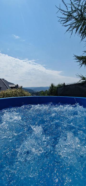 a large pool of blue water in a yard at Wichrowe zacisze in Krynica Zdrój