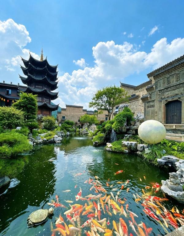 a garden with koi in a pond in front of a building at Shenzhoujie International Hotel-3min to Forest Park East Gate&Tickets reserve-Personal Itinerary service- Shuttle service in Zhangjiajie