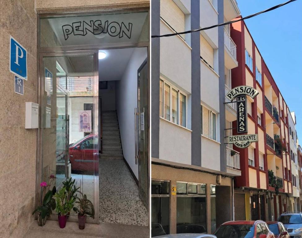 two pictures of a building with a parking lot at Pensión Las Arenas in Vilagarcia de Arousa