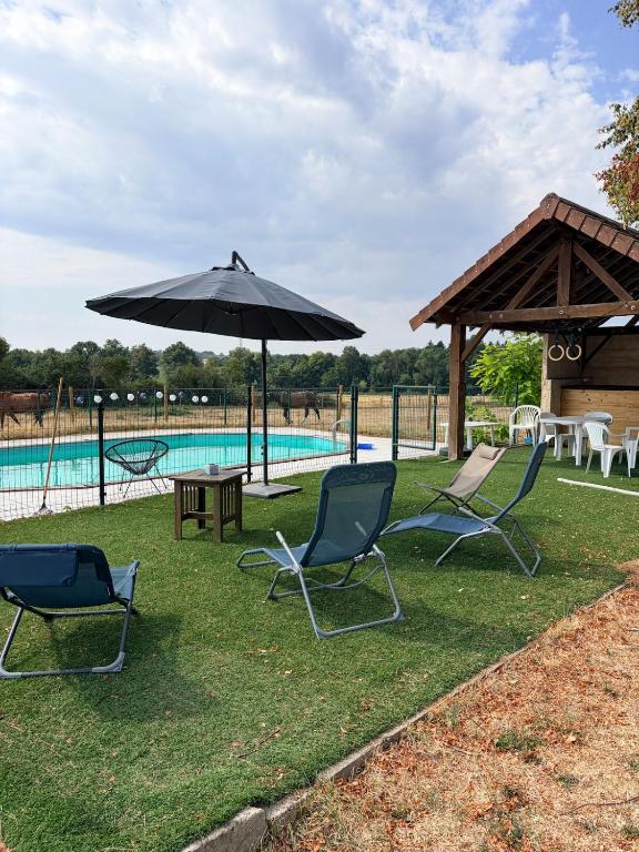 two chairs and an umbrella next to a pool at Gite d'Aimelles in Billezois