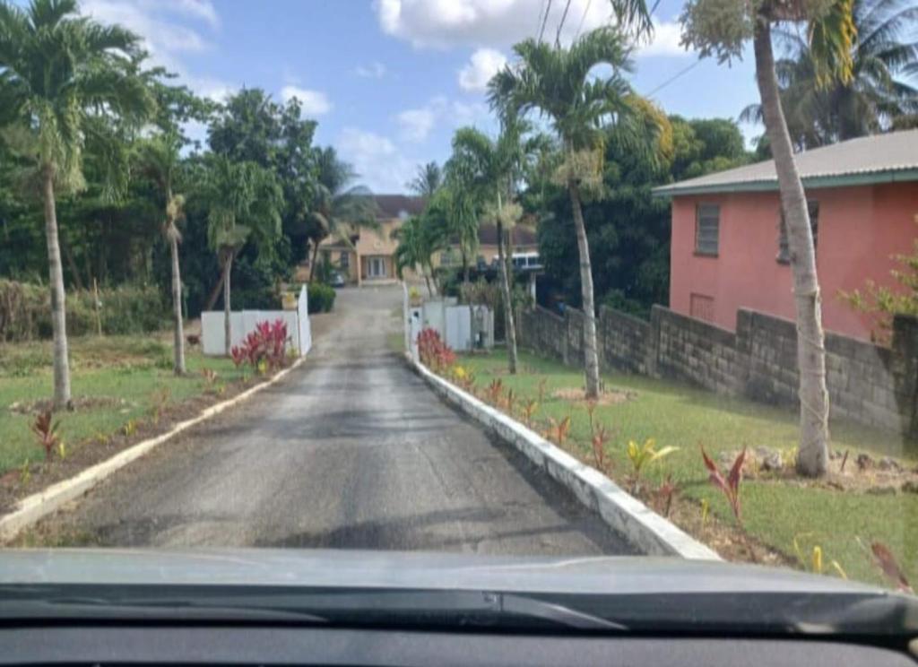 a view from a car of a road with palm trees at Pondbottom Apartments Hotel in Saint James