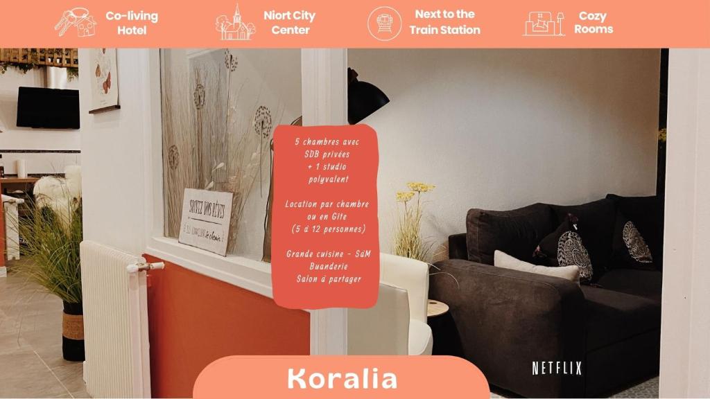 a sign in a living room with a couch at Koralia - Coliving Hotel - Gare de Niort in Niort