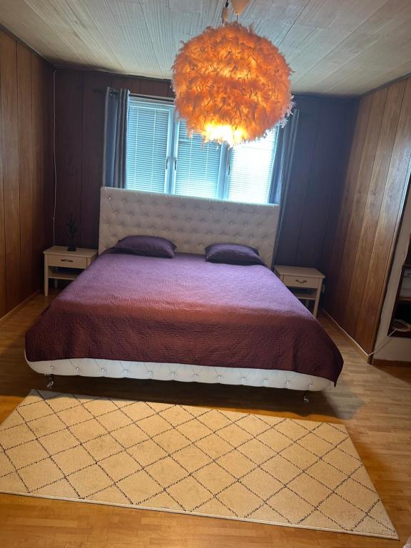 a bedroom with a bed and a chandelier at Faruqshus in Mönsterås