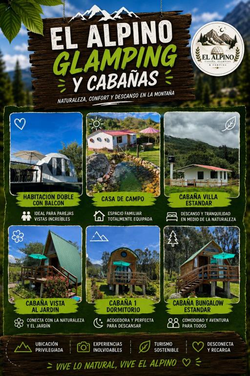 a flyer for an ad for a resort at El Alpino Cabaña Glamping & Camping in Guatavita