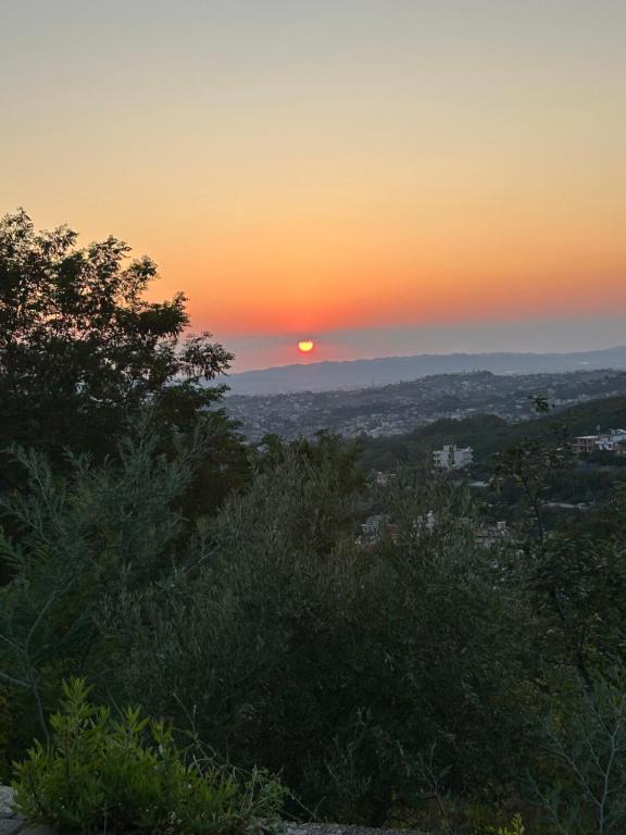 a sunset from the top of a hill with trees at La Terrazza in Tirana