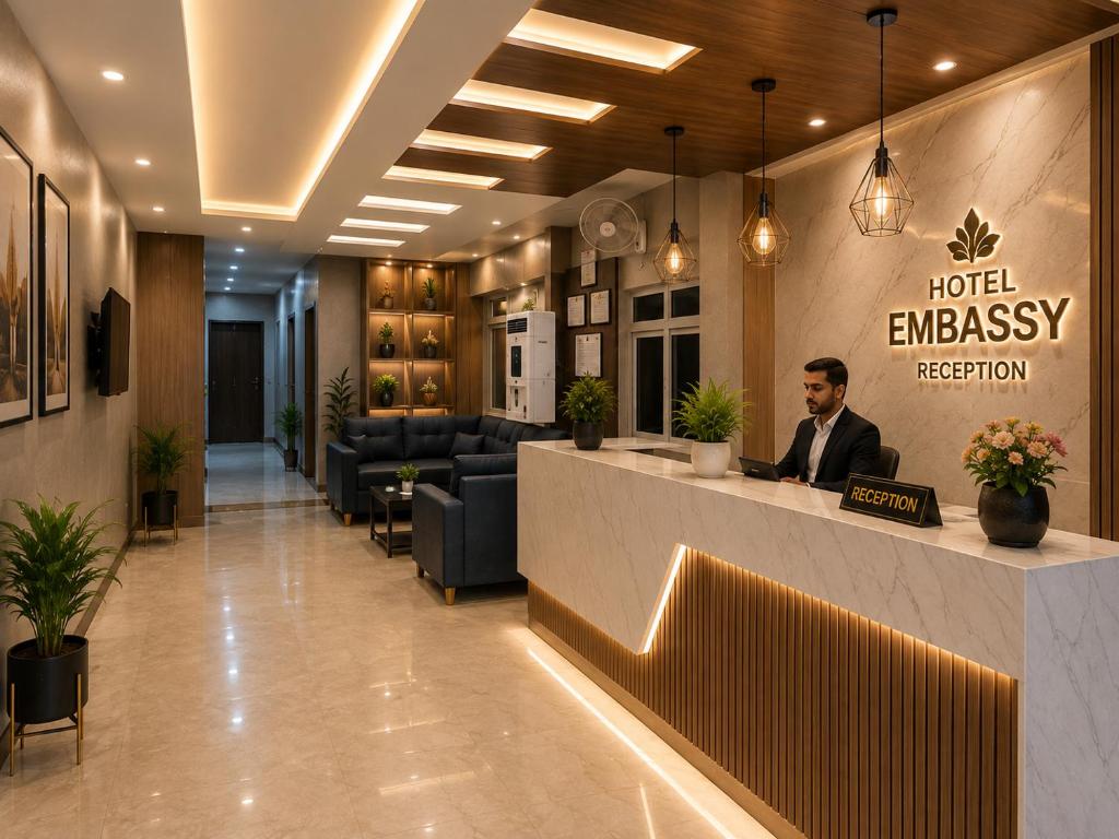 a man sitting at a hotel emergency reception counter in a lobby at Hotel Embassy in Saharsa