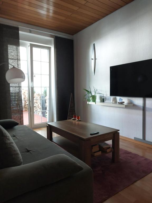 a living room with a couch and a coffee table at Ferienwohnung in Flörsheim am Main