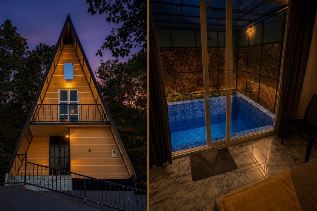 a small house with a swimming pool next to a window at Zerahs Private Pool Villa, Athirappilly - Extra upstair Bed space in Athirappilly