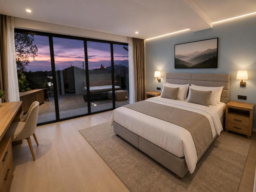 a bedroom with a large bed and a large window at Garslyan Boutique Hotel in Ninotsminda