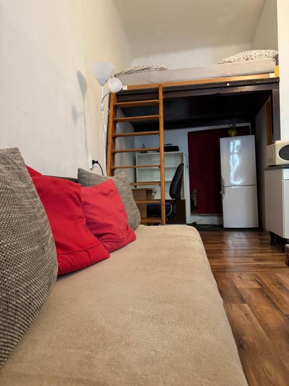 a couch with two red pillows in a living room at Cozy studio near the Hot Spring in Karlovy Vary