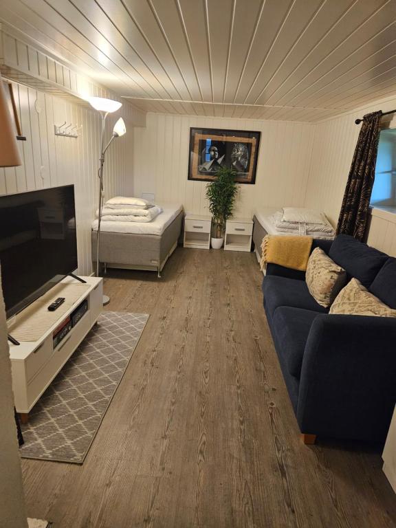 a living room with a couch and a flat screen tv at Sokkelleilighet rett ved Saltstraumen in Bodø