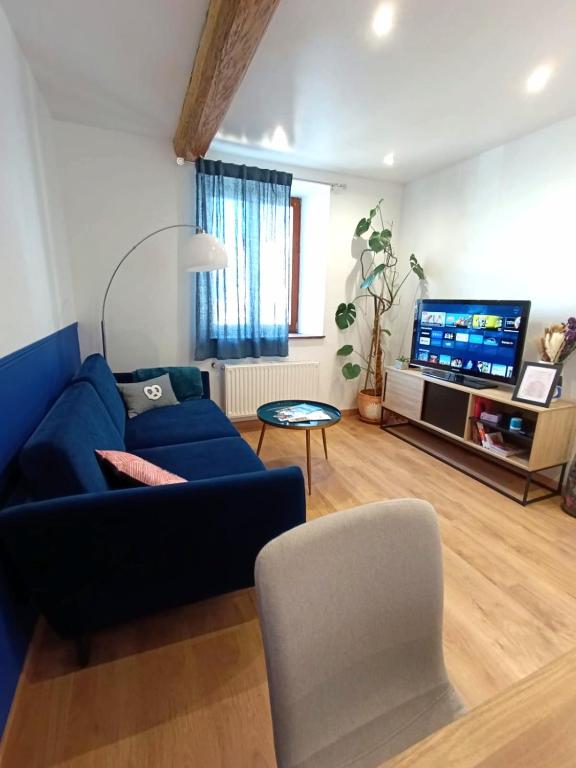 a living room with a blue couch and a tv at Nids des cigognes in Furchhausen