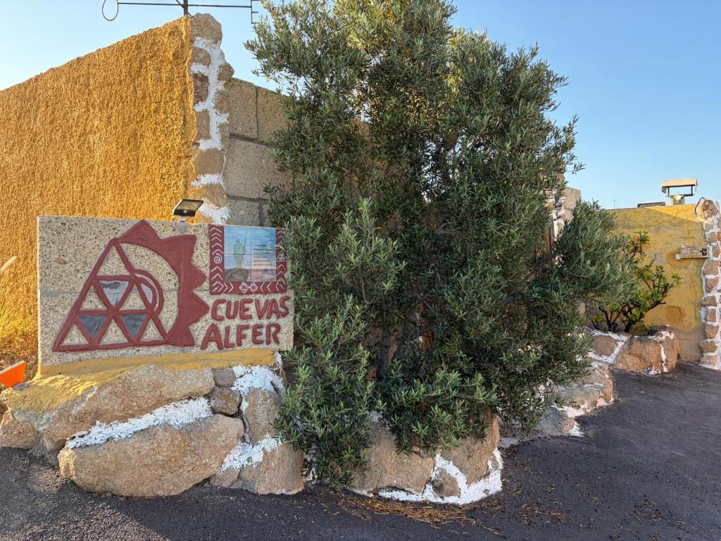 a tree sitting next to a wall with a sign at Casas Cueva Alfer in Fasnia