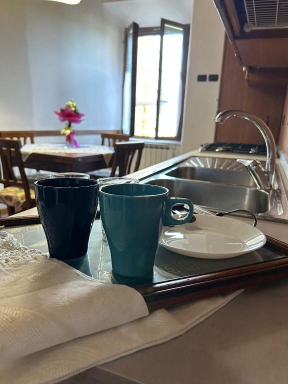 two coffee cups sitting on a tray next to a sink at Sibillini Dream House in Amandola