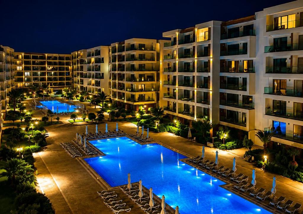 an aerial view of a hotel at night at Sea Breeze Apartments in Baku