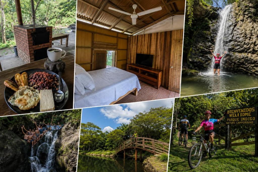 a collage of photos of a resort with a waterfall at Parque Indigo Nature Lodge, Rincón de la Vieja in Liberia