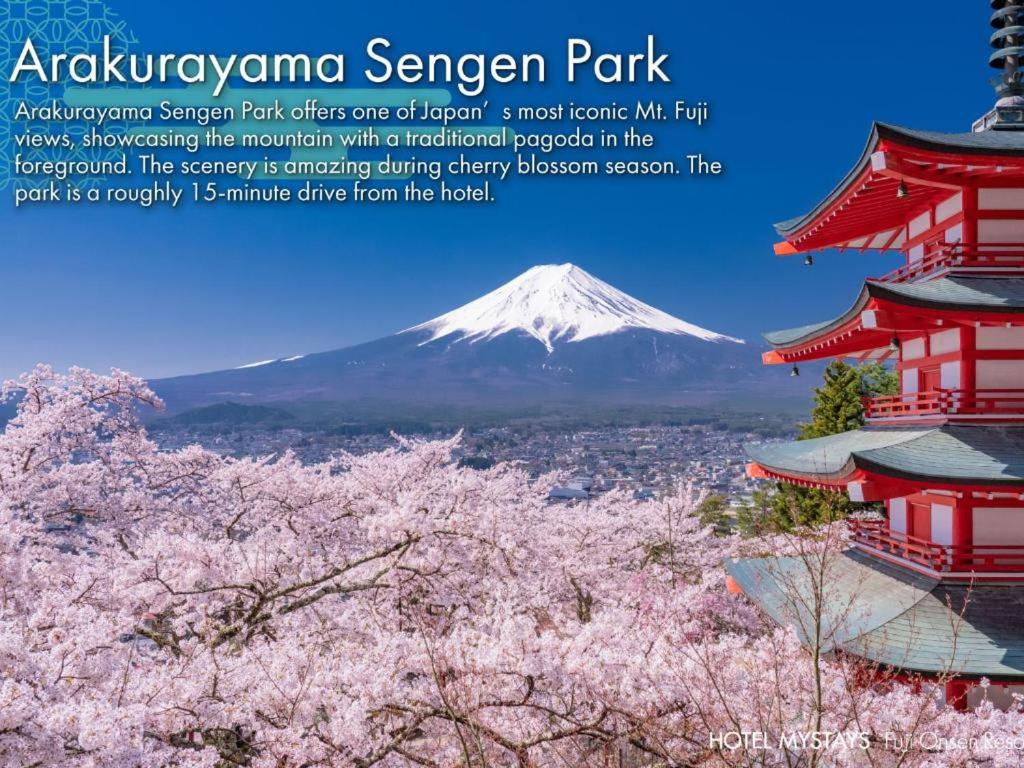 a mountain in the background withakura trees in the foreground at KAMENOI HOTEL Fuji in Fujiyoshida
