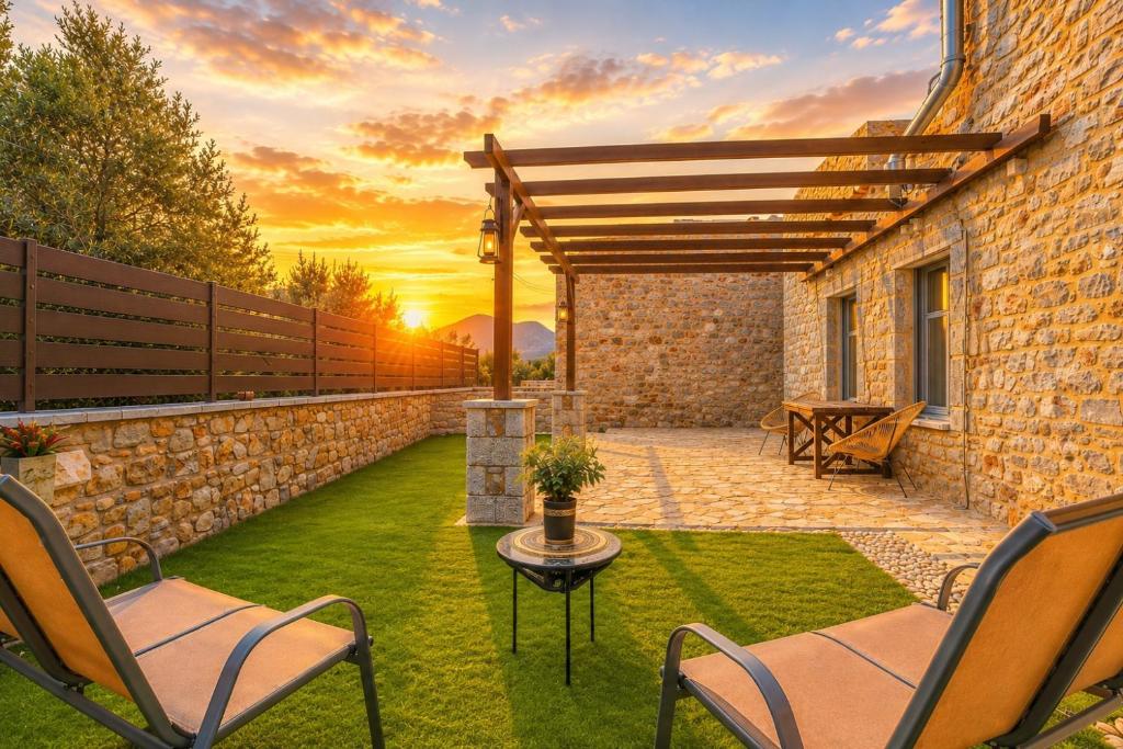 a patio with chairs and a table and a stone wall at Crown House in Areopolis in Areopoli