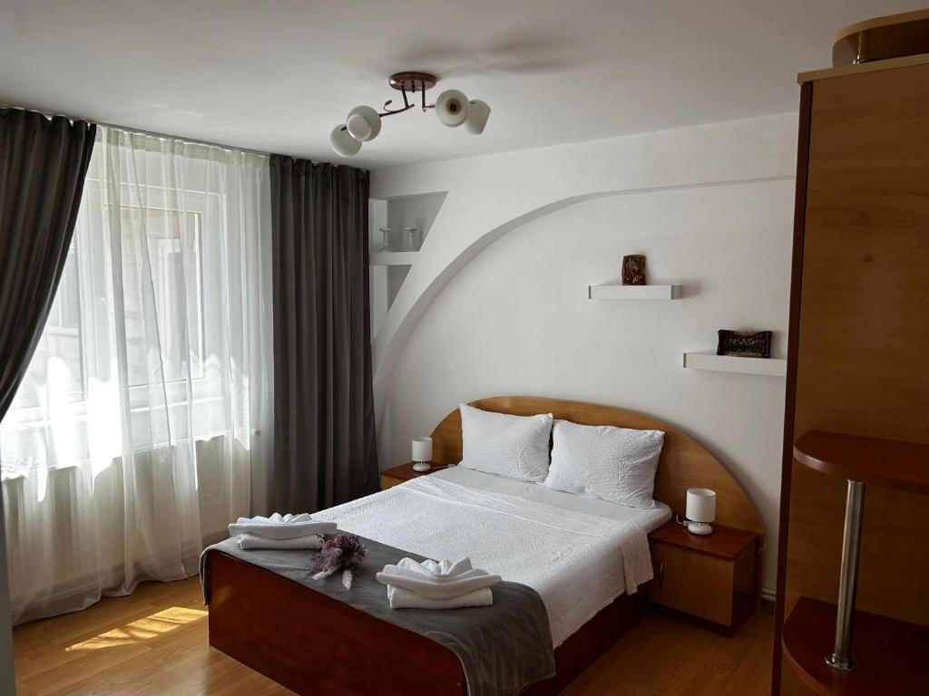 a bedroom with a bed and a large window at Casa Corvin View in Hunedoara