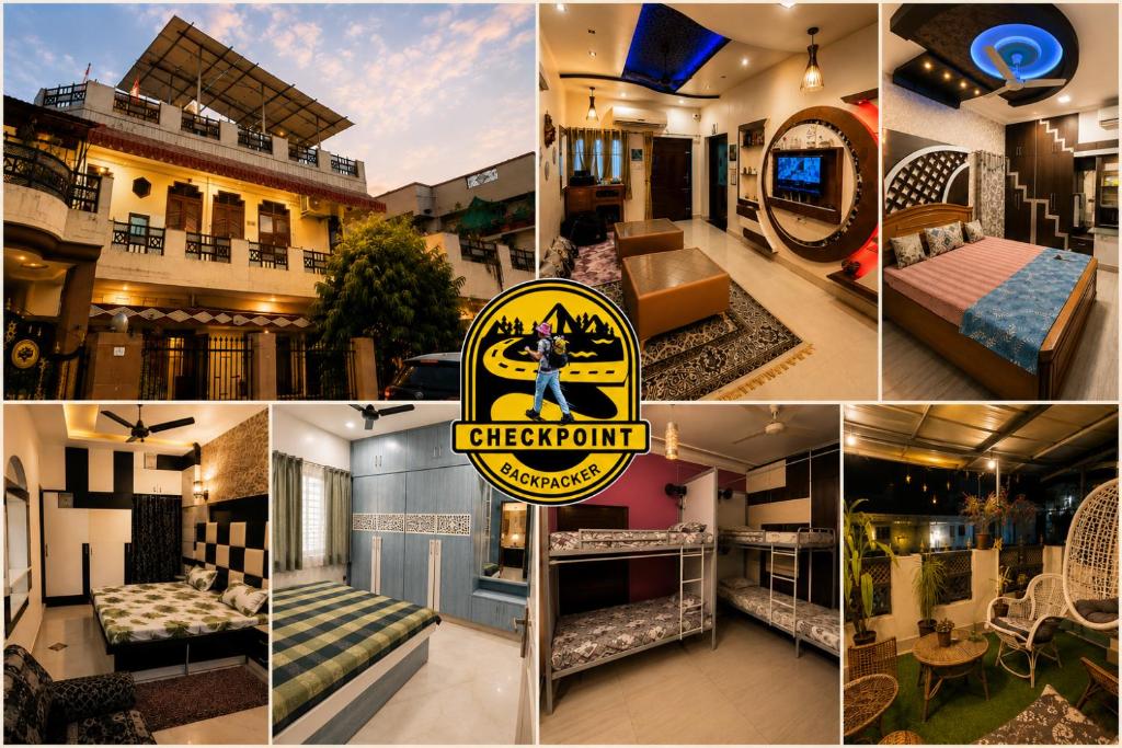 a collage of photos of a house with a room at Checkpoint Backpacker Jaipur in Jaipur