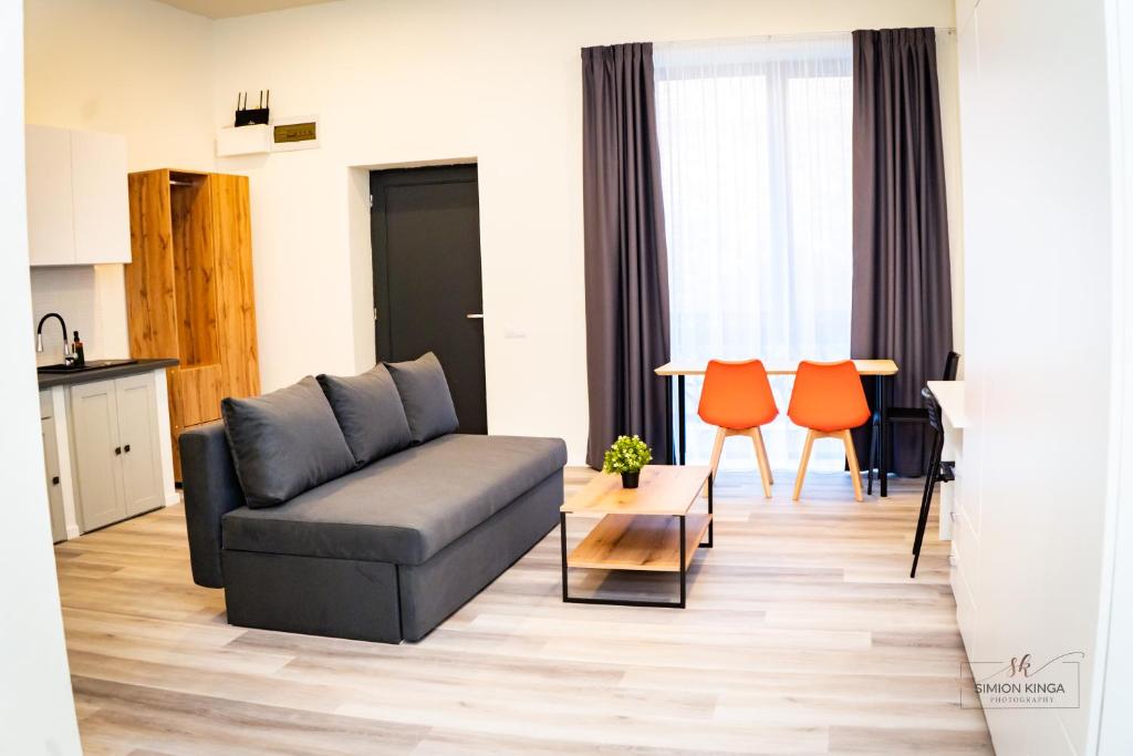 a living room with a couch and a table at Urban76 Apartments in Târgu-Mureş