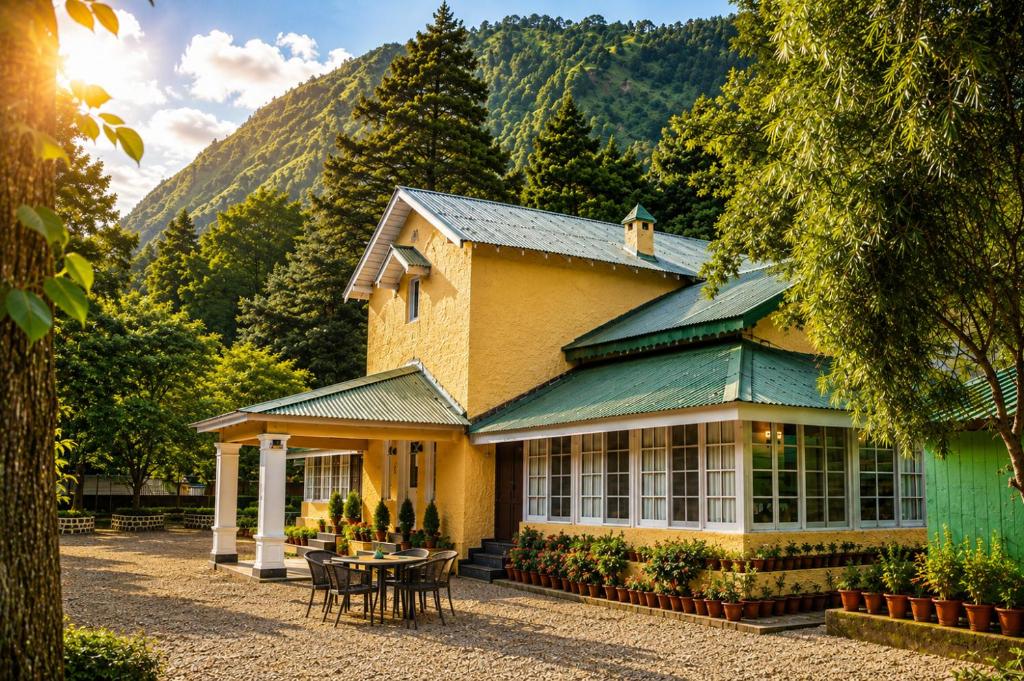 a yellow house with a table in front of it at Vikram Vintage Inn in Nainital