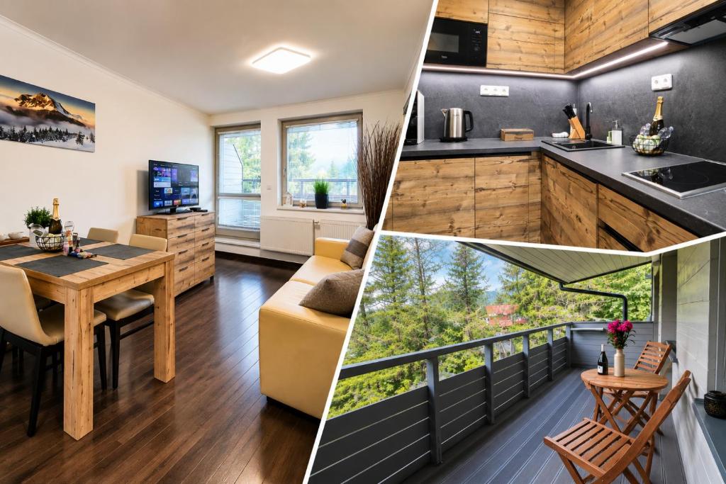 a kitchen and a living room with a table and a dining room at Mountain Apartment Resident - wellness, terasa & garáž v ceně, možnost snídaně in Harrachov