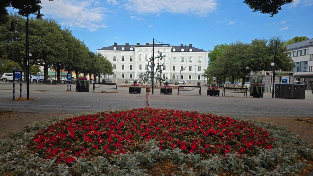 a flower bed of red flowers in front of a building at Vänerport Stadshotell i Mariestad in Mariestad