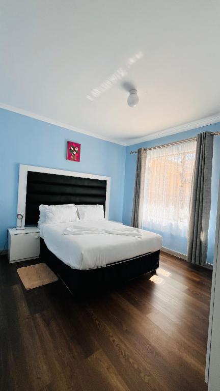 a bedroom with a large bed in a blue room at Khopolong Estates in Berea Hills