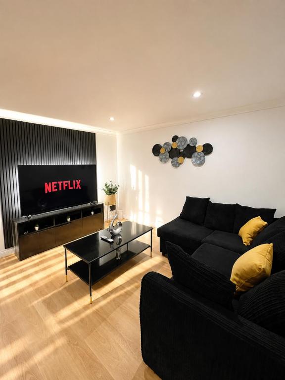 a living room with a black couch and a television at Luxury Flat close to City Centre & Docks in Southampton