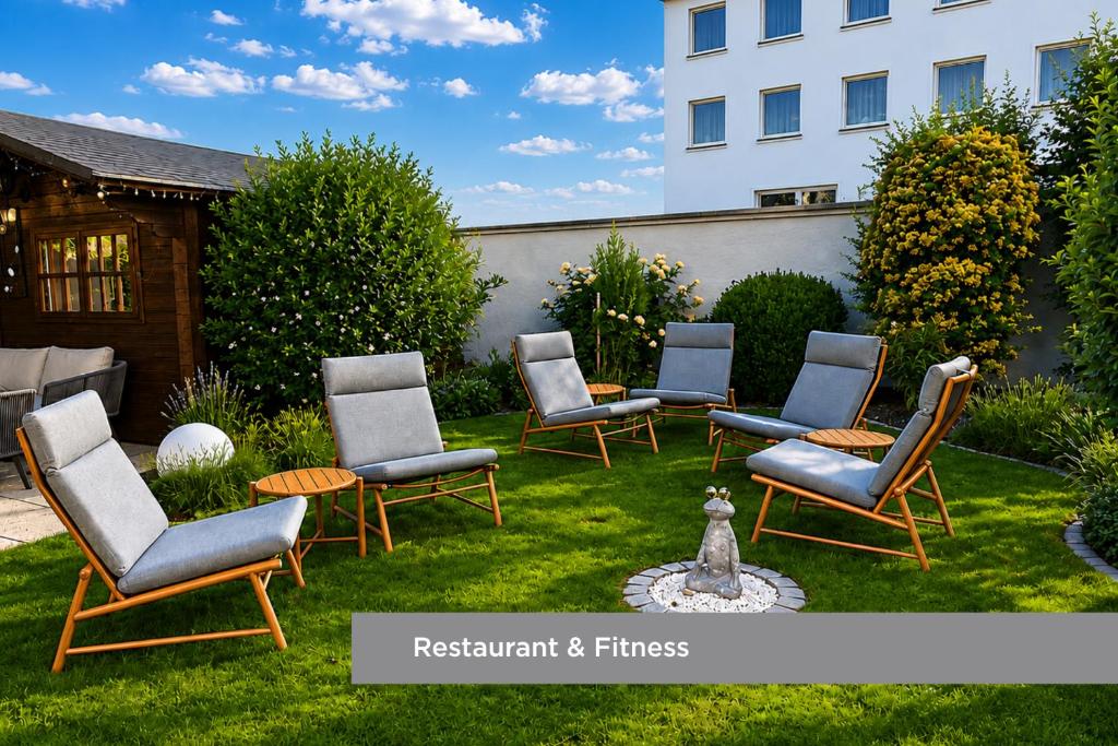 a group of chairs sitting in a yard at Das Reinisch Hotel - near Vienna Airport in Schwechat