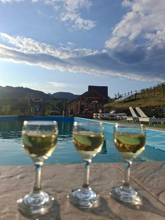 three wine glasses sitting on a table near a pool at Căsuțele din Zăbran in Gornenţi