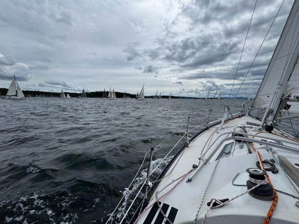 ein Boot im Wasser mit Segelbooten im Wasser in der Unterkunft Amelia in Asker