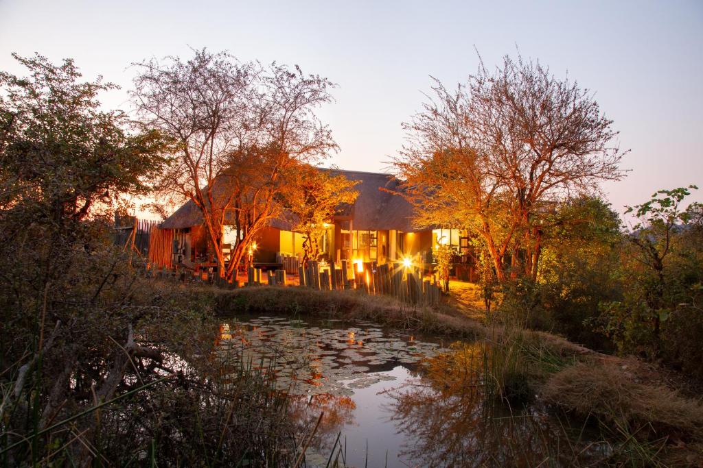 a house with a pond in front of it at Lions Place in Grietjie Game Reserve