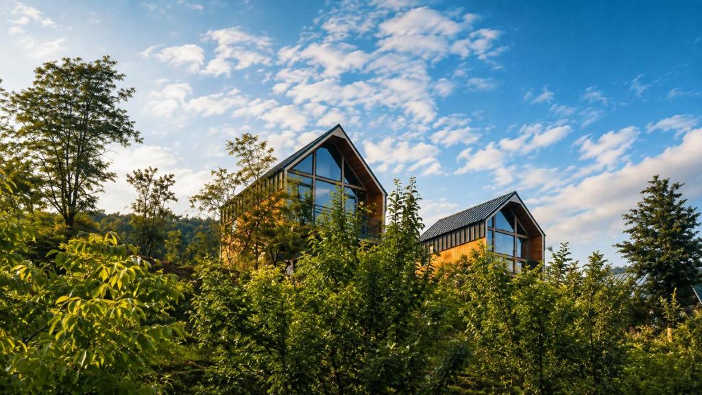 a house with glass windows in the trees at Triovista Chalets in Nehoiu