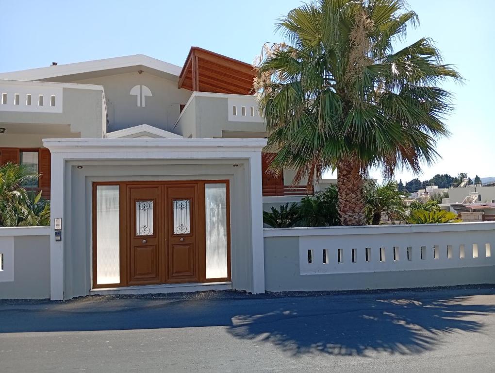 a house with a wooden door and a palm tree at Villa Dino in Kalithies