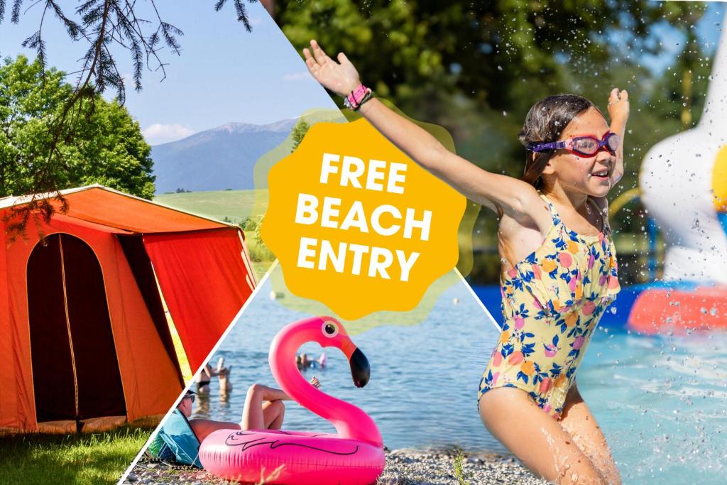 a woman in a bathing suit playing in the water with a pink flamingo at Mara Lake Cabins - Mara Camping in Liptovský Trnovec