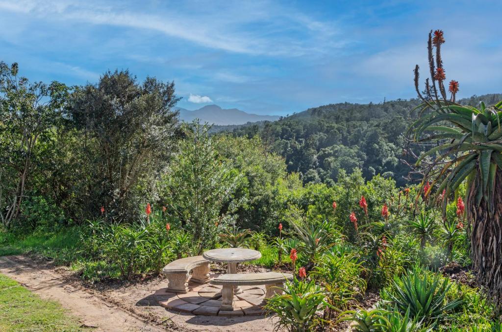 a picnic table in a garden with a view of the mountains at Gardenview Sedgefield in Sedgefield
