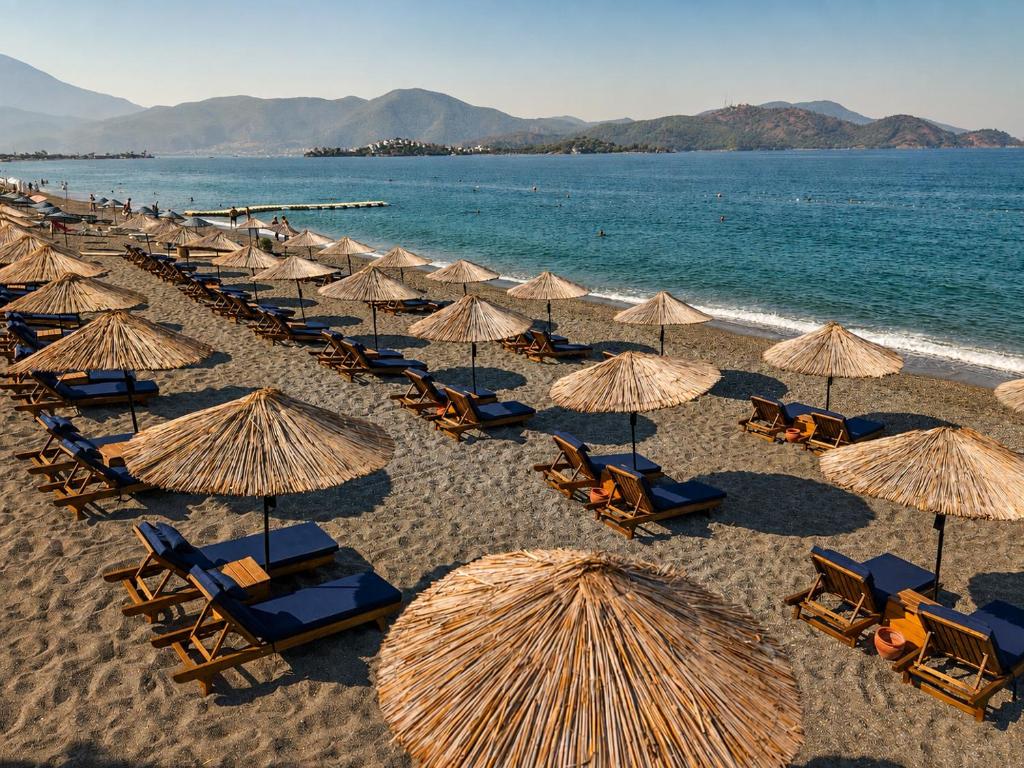a bunch of umbrellas and chairs on a beach at Uras Beach Hotel in Fethiye