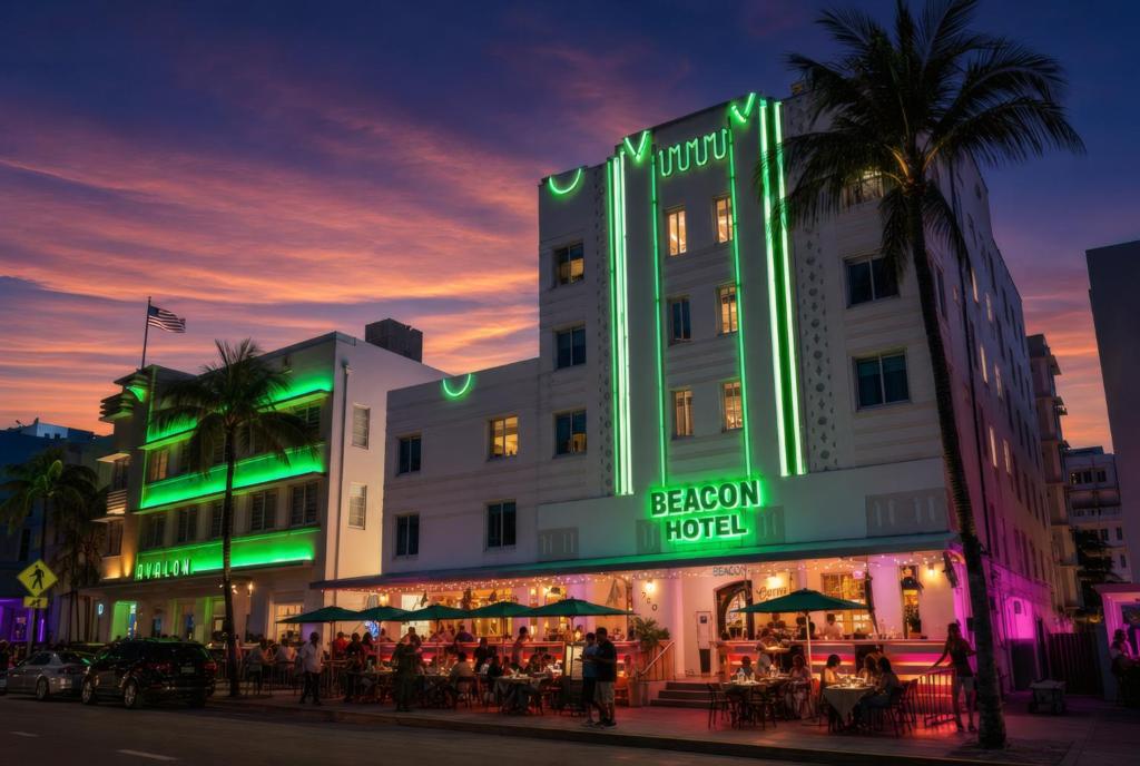 a building with a green neon sign on it at Beacon South Beach Hotel in Miami Beach