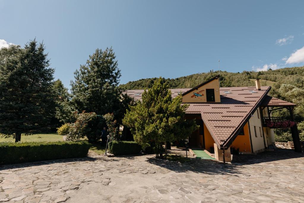 a house with a tile roof and a driveway at Pensiunea Adoro in Moieciu de Jos
