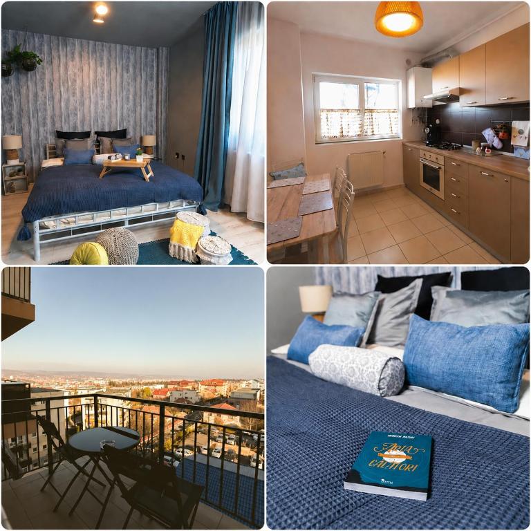 a collage of photos of a bedroom and a living room at Zorilor View Apartment in Cluj-Napoca