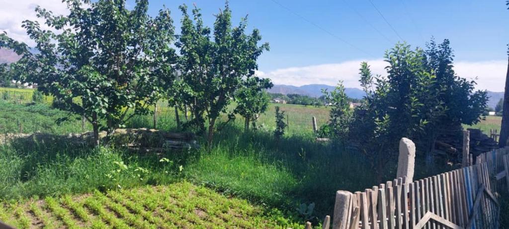 a garden with a wooden fence in a field at STALBEK Guest House in Kochkorka