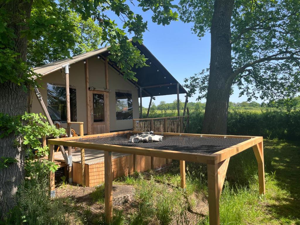 a dog laying on a picnic table in front of a house at Vakantieboerderij Den Deter in Meddoo
