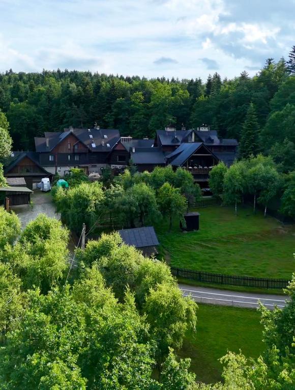 an aerial view of a village with trees and a river at Bacówka Biały Jeleń in Iwkowa