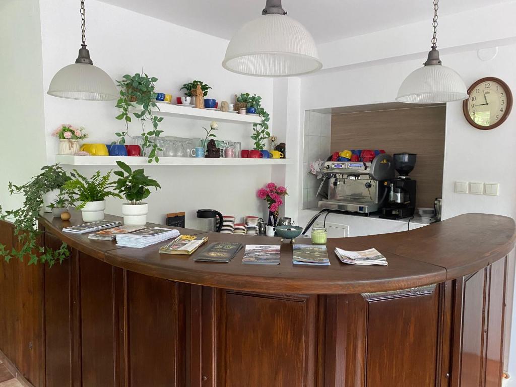 a kitchen with a wooden island in the middle of a room at Penzion Janata in Slapy