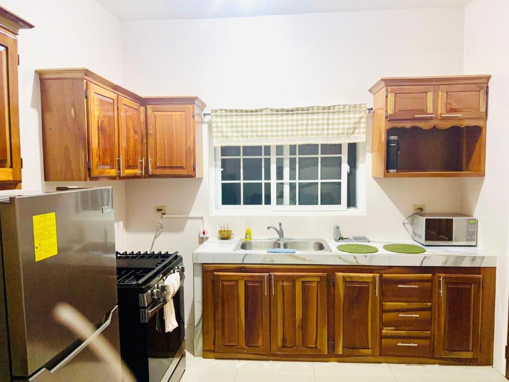 a kitchen with wooden cabinets and a sink and a window at Olive Breeze III in Runaway Bay