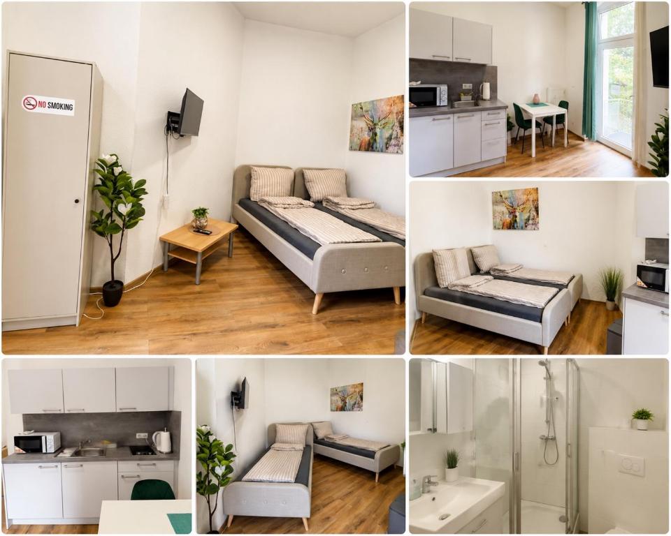 a collage of four pictures of a room with a bed at Felix Appartment H1a in Koblenz