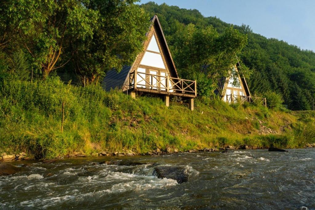 a house on a hill next to a river at Котедж Shalet in Kolochava