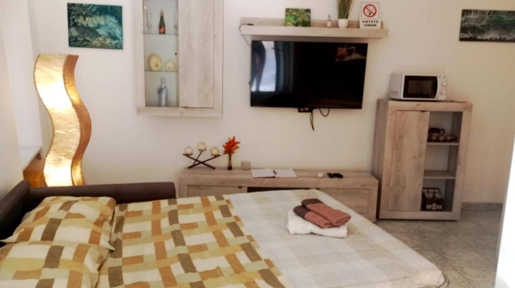a bedroom with a bed and a flat screen tv at Almes' home in Bosisio Parini